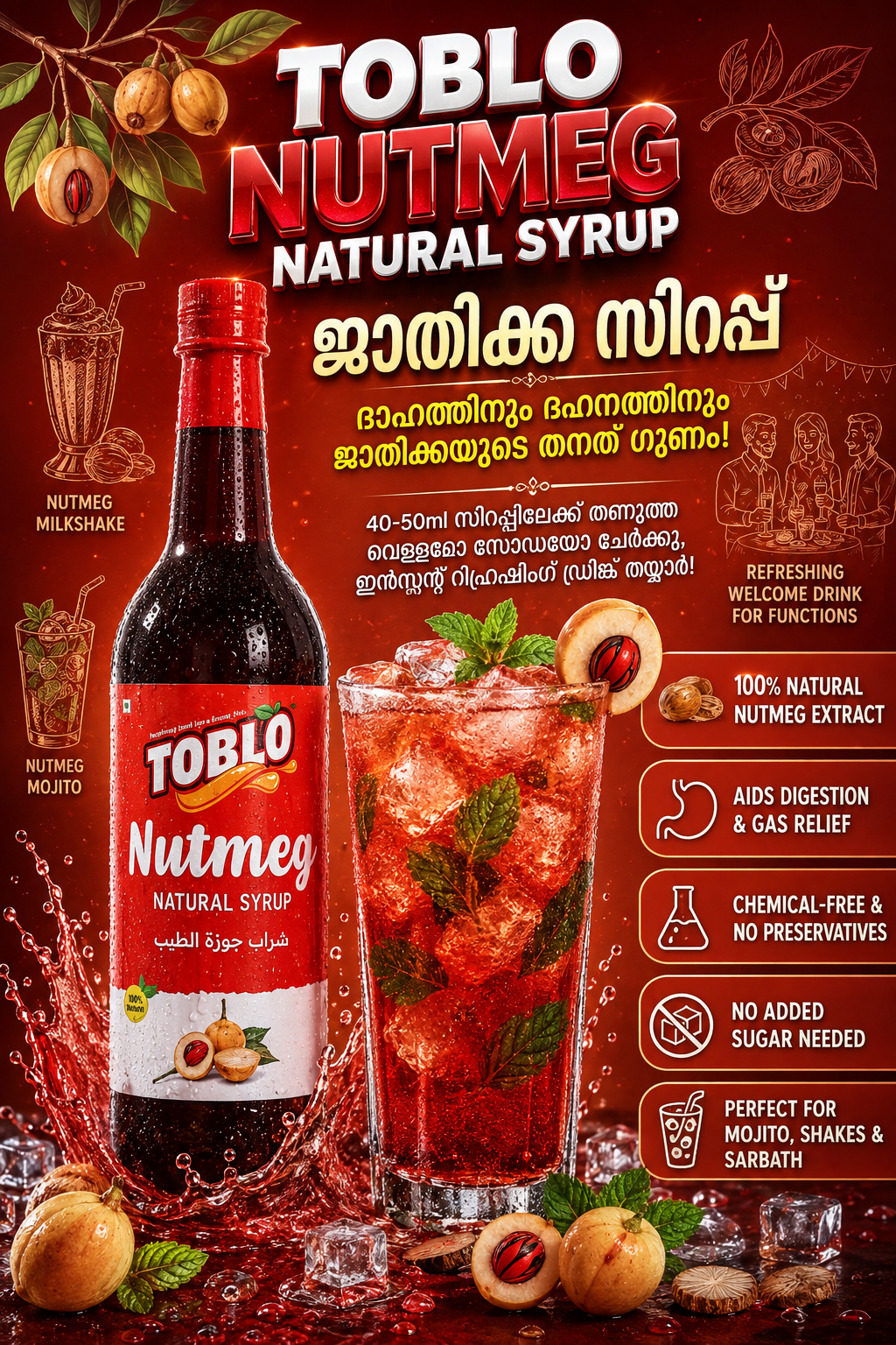 TOBLO NUTMEG SYRUP /ജാതിക്ക സിറപ്പ്  شراب جوزة الطيب(800ml)